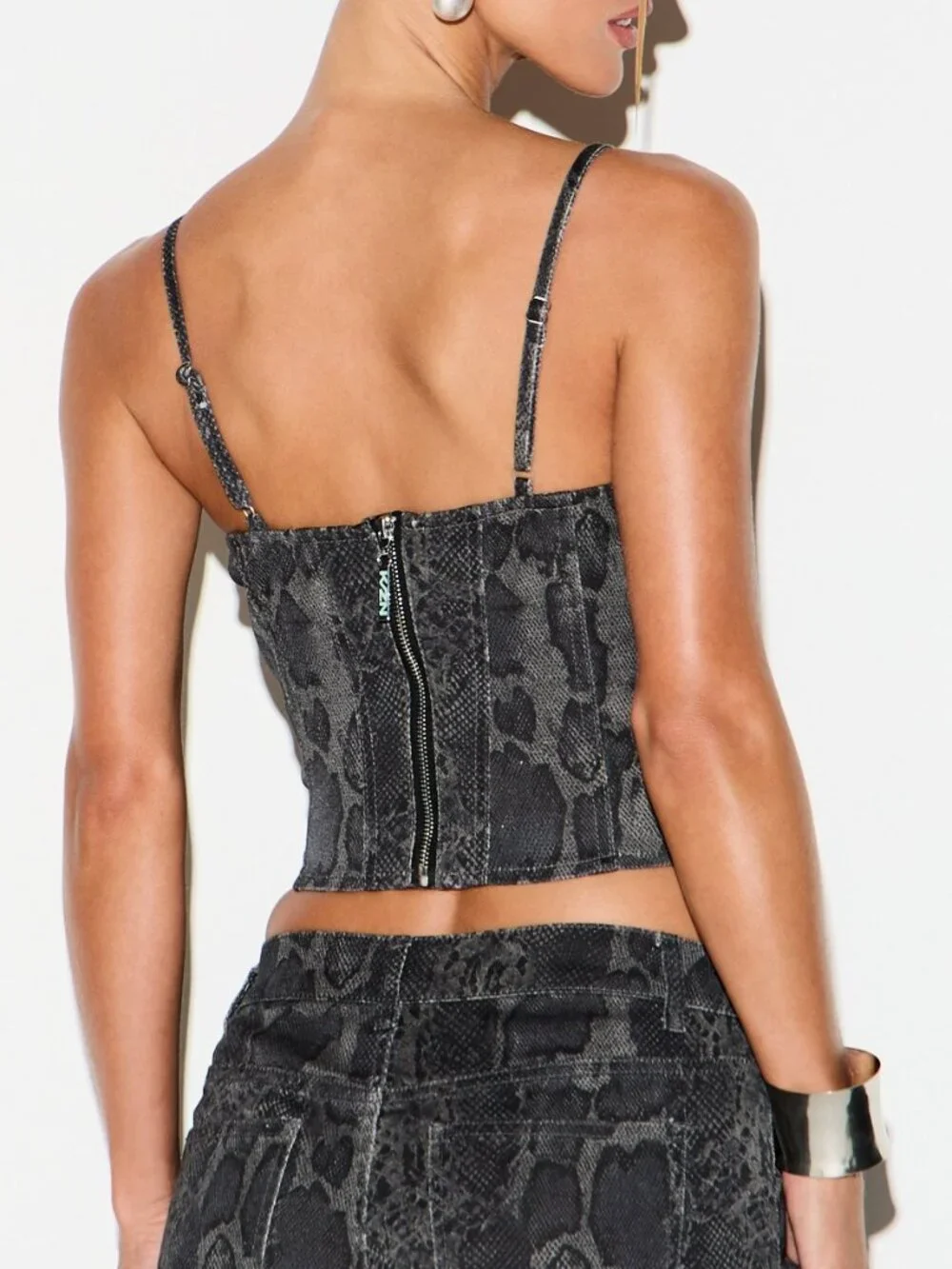 Dark Grey Party Women's Snake Print Asymmetrical Denim Corset Crop Top